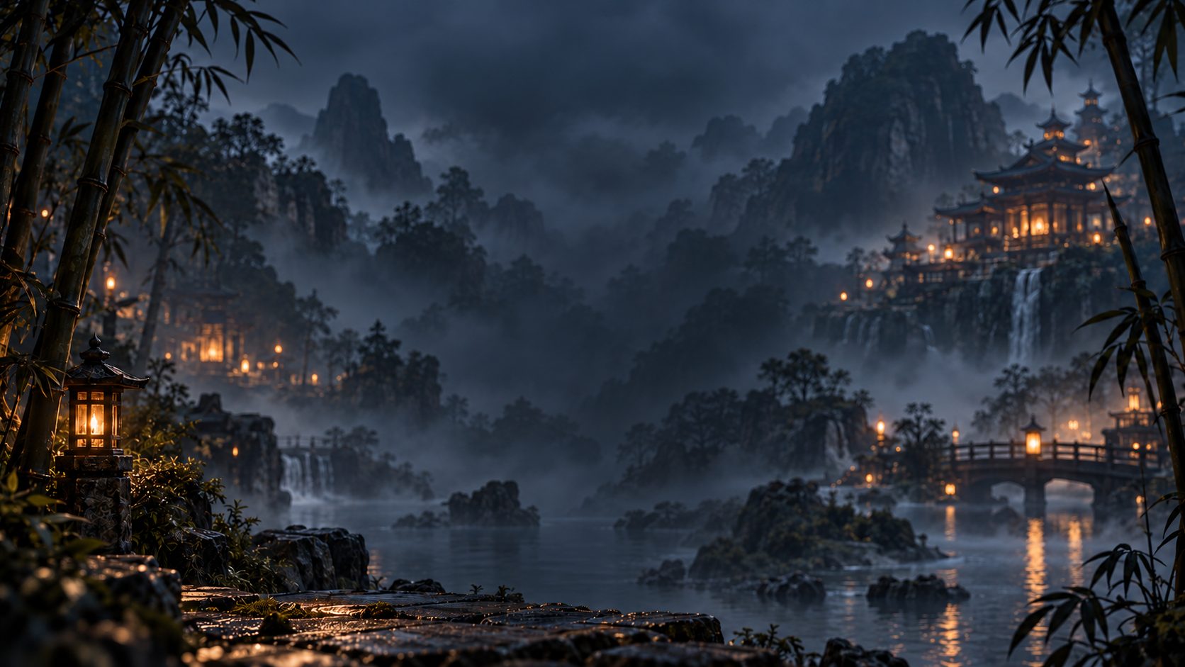 Night valley with lanterns, pagodas and waterfalls