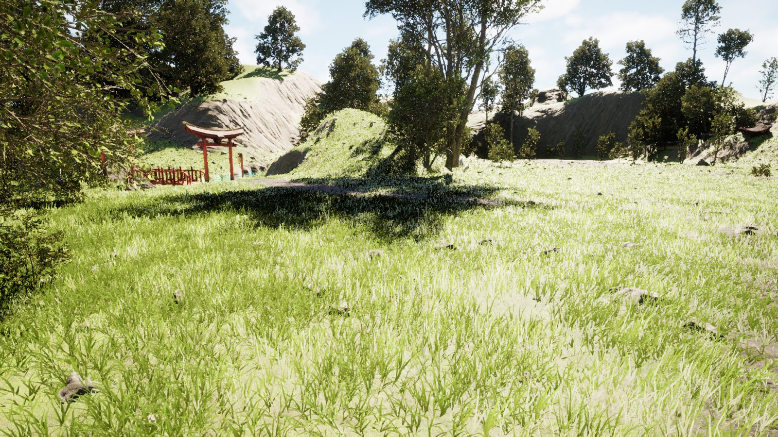 A shrine gate in a sunlit meadow in the world of Nerium